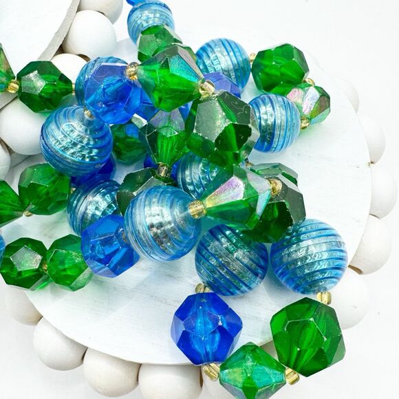West Germany Vintage Blue Green Lucite Faceted Beaded Necklace 2 Strand MCM - Picture 16 of 16